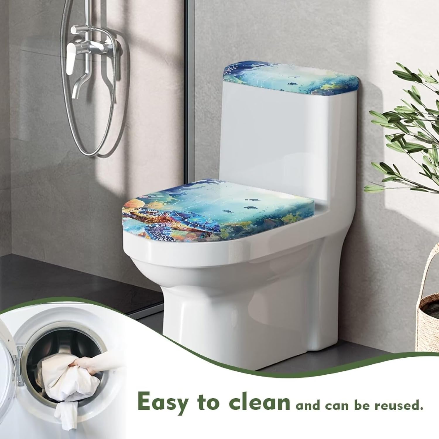 Sea Turtle Design Toilet Lid Seat Protector Cover & Toilet Tank Lid Pads Universal Fit Standard Oblong Elongated Toilet Home Decoration image 4