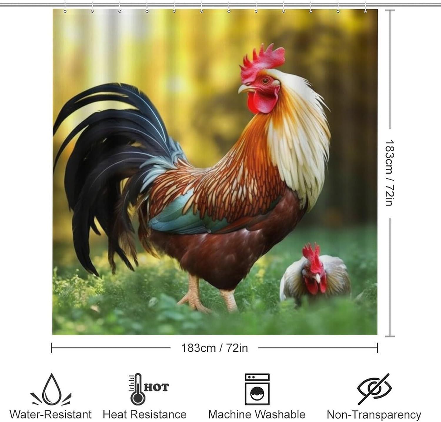 Beautiful Rooster Hen Shower Curtain Set 4 Piece, Non-Slip Bath Mat with Toilet Lid Cover and Waterproof Shower Curtain with 12 Hooks, Complete Bathroom Set for Home Decor