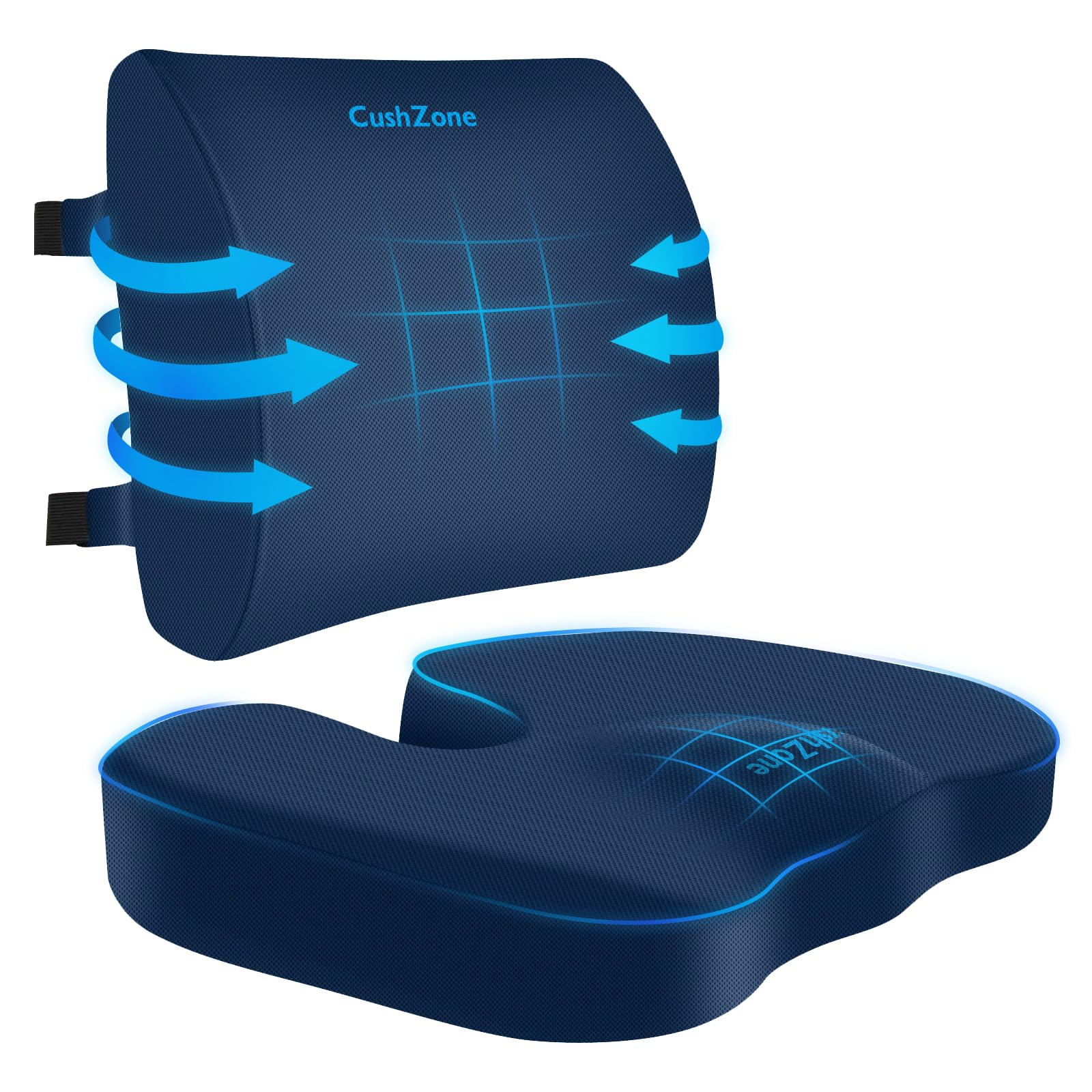 Seat Cushion, Lumbar Support Pillow with Adjustable Strap-Chair Cushions for Sciatica Pain Relief-with Washable Cover Memory Foam for Car, Travel and Wheelchair-Blue