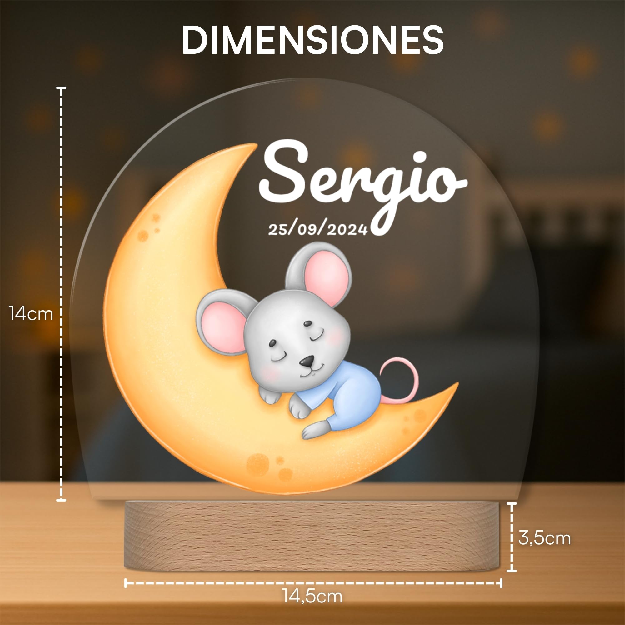 Lámpara Infantil Personalizada con Nombre y Fecha - Luz Quitamiedos LED - Regalo Bebé Recién Nacido, Bautizo o Cumpleaños - Decoración Infantil (Ratón)