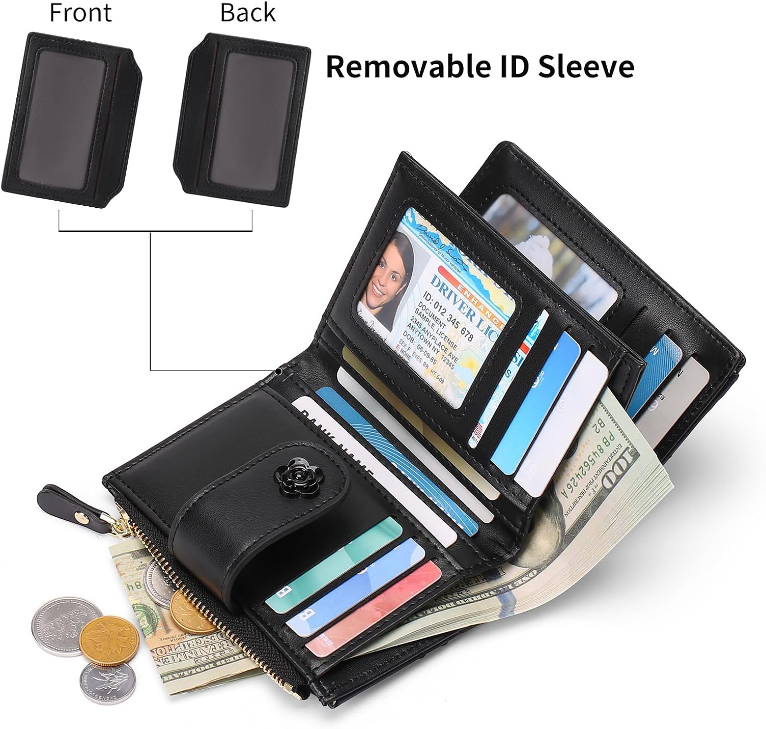 Fashion Small Wallets for Women Slim Lady Wallets Cute Wallet Bifold Rhombus Quilting Leather Credit Card Holder with 15 Card Slots and ID Window Coin Pocket Womens Leather Wallet Small Compact(Black) image 4