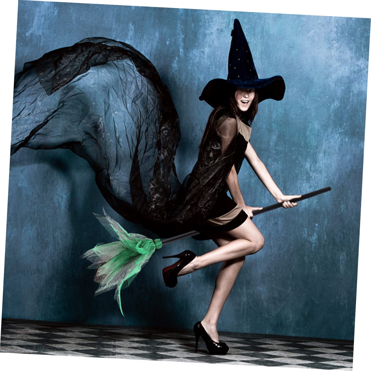 IWOWHERO Halloween Broom Halloween Party Decoration Halloween Witch Broom Props Wicked Witch Costume Accessories Halloween Ornament Witch Broomstickbroom Handles Witch Broom Mesh Green