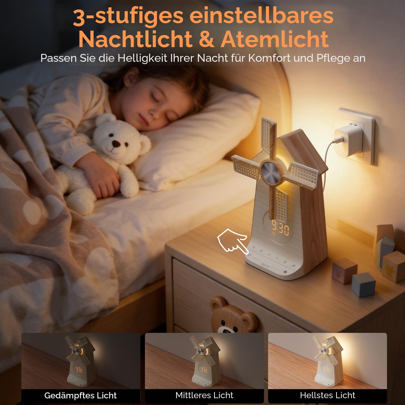 RETEYUNG Nachttischlampe, Wecker mit USB-Ladestation, Rotierender Windmühle Kinderwecker für Mädchen, Tageslichtwecker, 15 Klingeltöne, Snooze, 20 Klänge, Schlafzimmer Deko & Geschenk