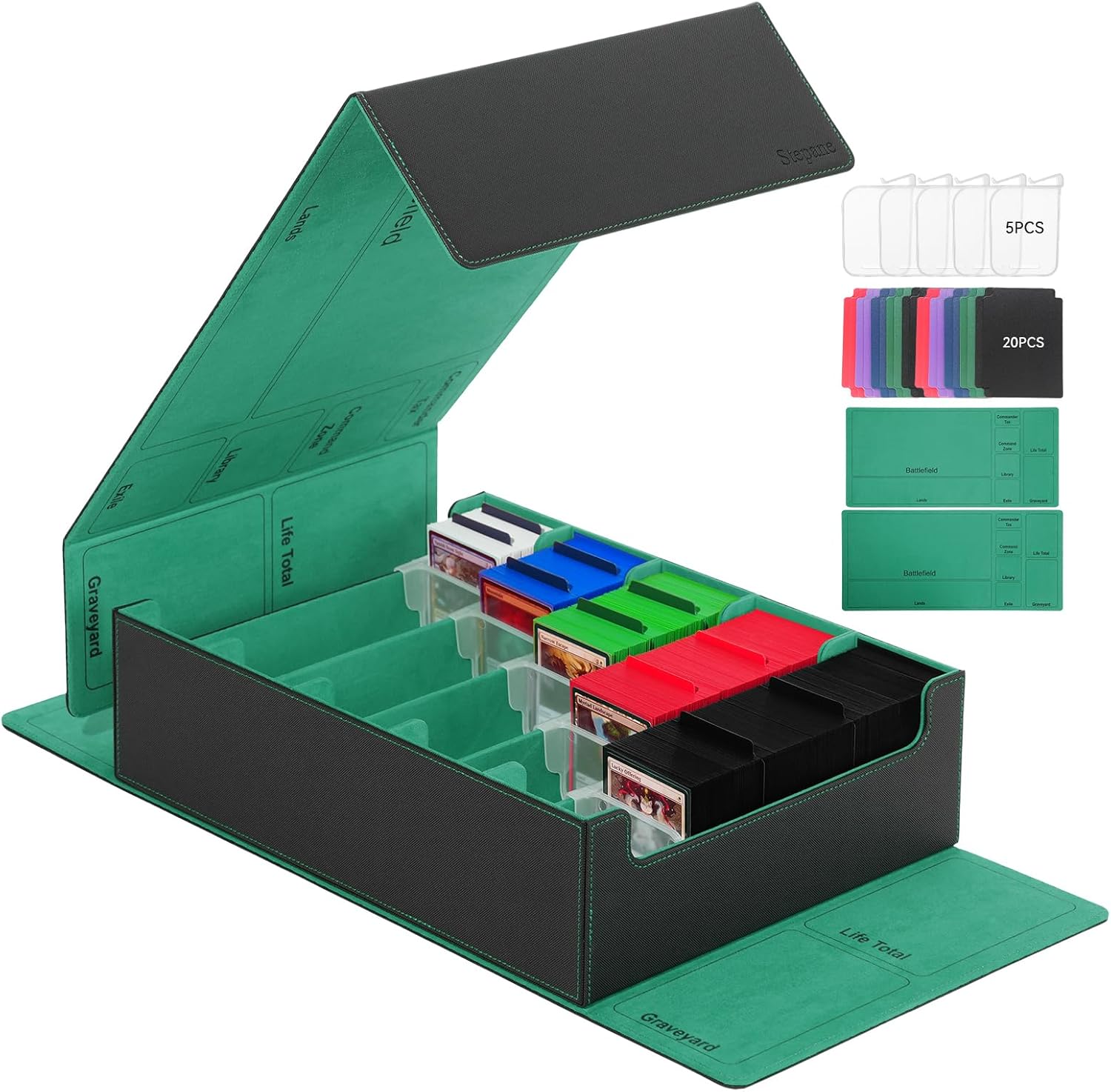 5 Row Trading Card Storage Box, 3800+Bulk Card Organizer Box with 20 Dividers & 5 Supporters, Graded Card Deck Box for YuGiOh, MTG, TCG Black/Green