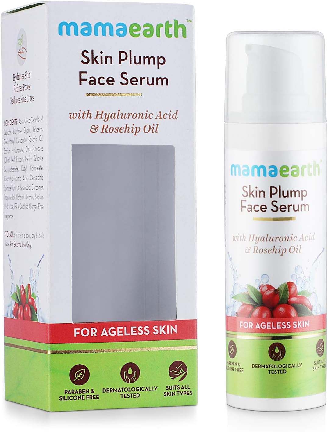 Mamaearth Skin Plump Face Serum Anti Aging Cream For Glowing Skin, With Hyaluronic Acid & Rosehip Oil for Ageless Skin - 30ml