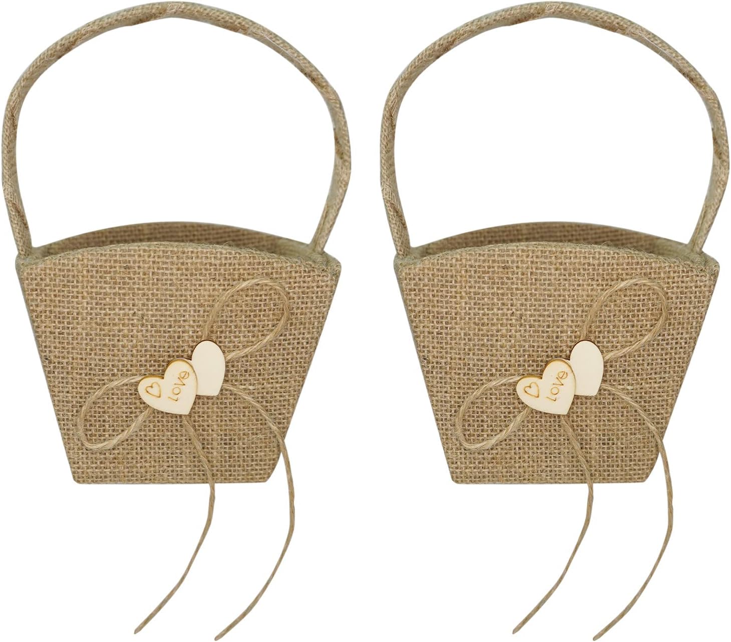 Rustic Burlap Flower Girl Basket, Vintage Wedding Jute Basket with Pearl Double Love Heart Bowknot For Vintage Wedding Ceremony Party Decoration (Ring Bearer Pillow Basket)