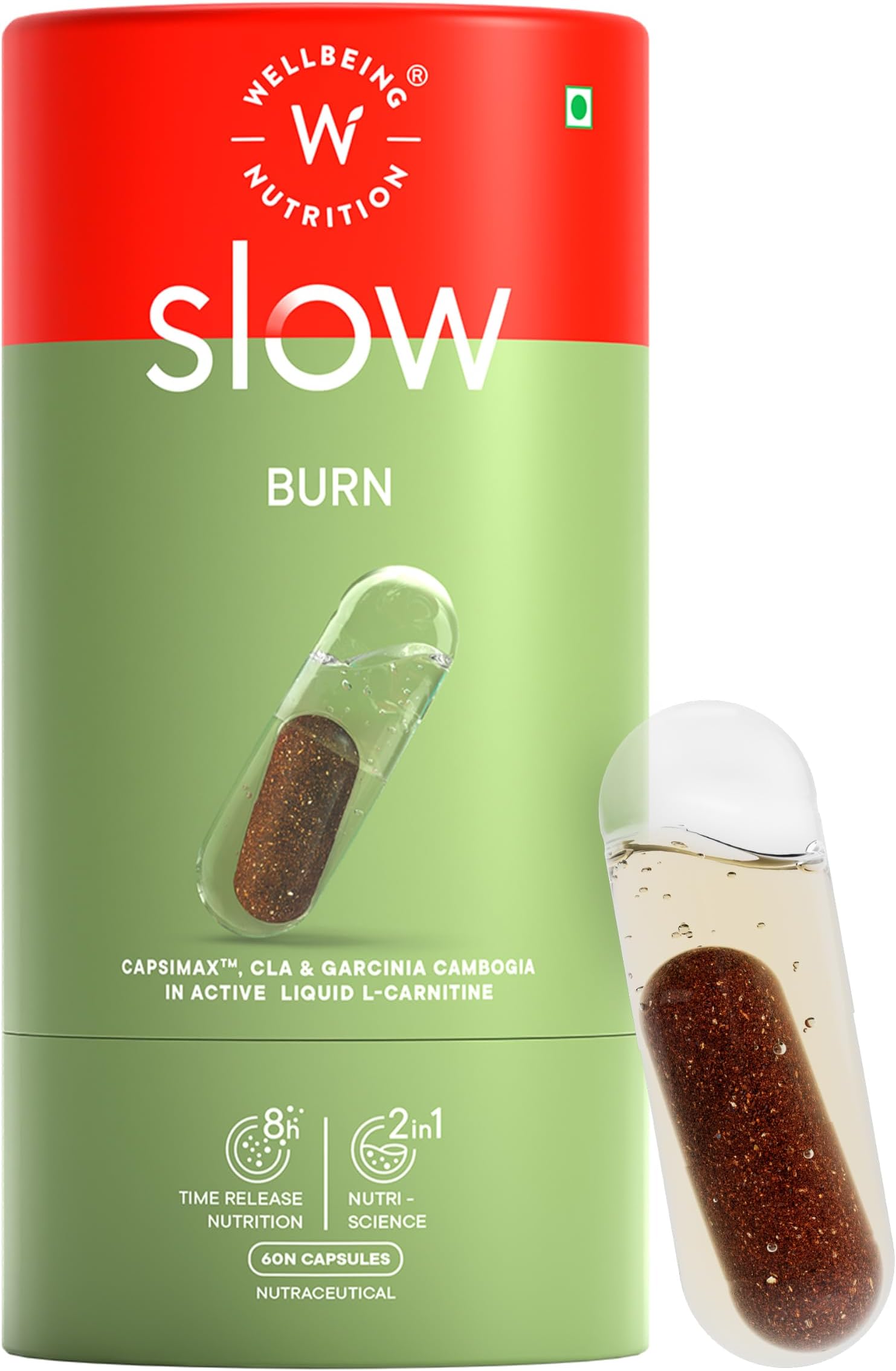Wellbeing Nutrition Burn, Fat burner for Men & Women with Garcinia Cambogia, L-Carnitine, Chromium, Green Coffee Beans, Green Tea Extract, Capsimax | Metabolism, Weight Loss Support, 60 Veg Capsules