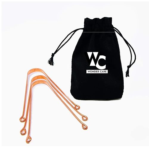 Wonder Care - Limpiador de lengua 100 % cobre para lengua ayurvédica para una higiene bucal óptima (3 piezas con bolsa)
