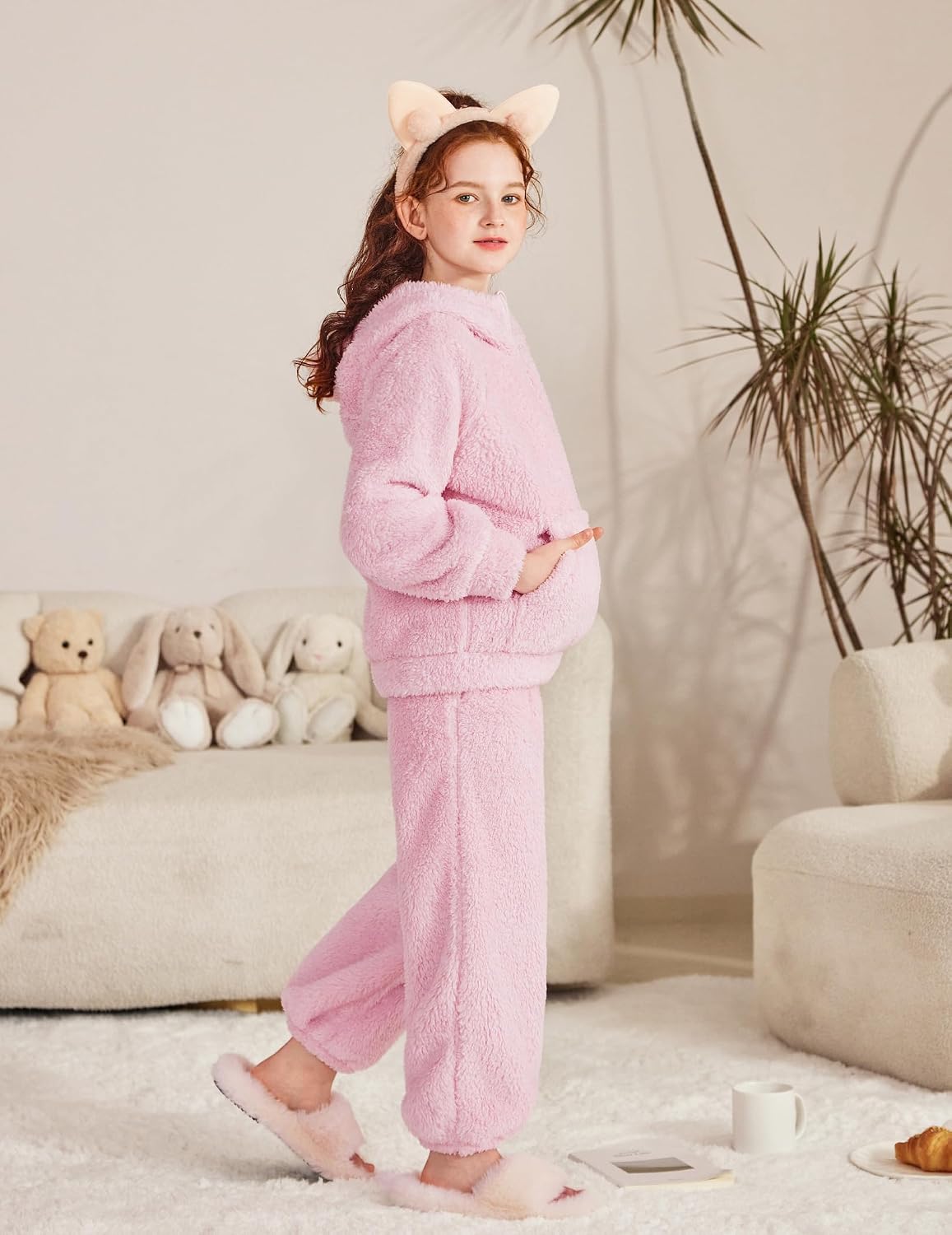 Arshiner Girls 2 Piece Outfits Drop Shoulder Hoodie Half Zip Fluffy Sweatshirt and Fleece Pants Sweatsuit