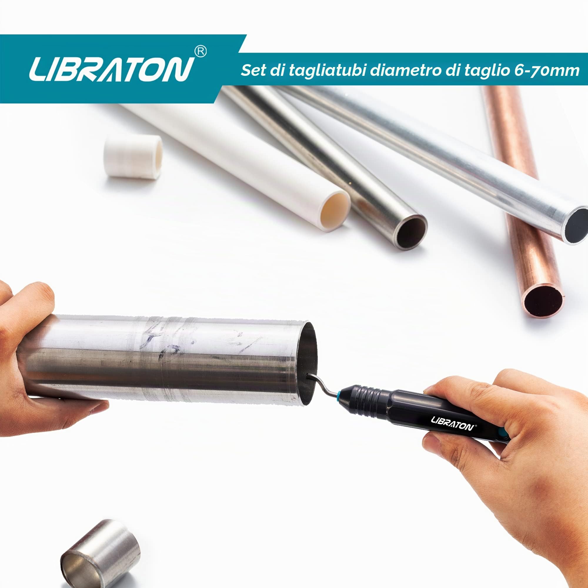 Libraton Tagliatubi, Tubo Tagliatubi Ø6-70mm per Tubi in Rame, Alluminio, Acciaio Inossidabile Sottile, Acciaio - Tagliatubi in Metallo per Impieghi Gravosi con Strumento di Sbavatura