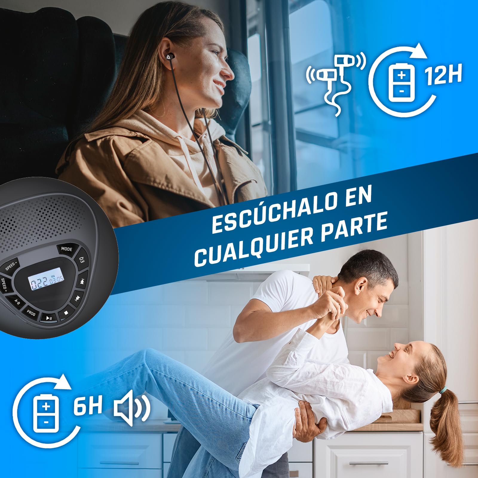 KLIM Speaker BT - Reproductor de CD portátil con Altavoces - Nuevo - con batería recarable - Discman CD portatil - Auriculares - Lector de Tarjetas SD/TF, AUX, Ideal para el Coche