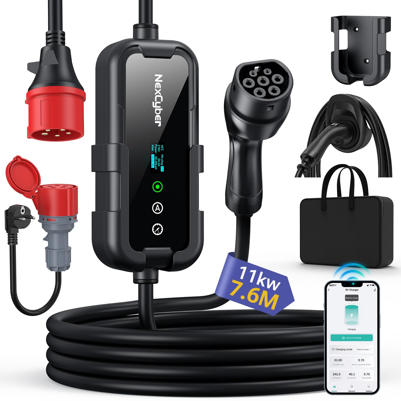 Mobile Wallbox 11kW mit App & OLED, 7,6m 3-phasig, 400V 8-16A einst., CEE-Stecker IP66+FI-Schutz, Ladegerät Typ 2 mit Schuko-Adapter, Wandmontage & tragbar, für Model 3/Y, ID.3, u.a. BEV/PHEV