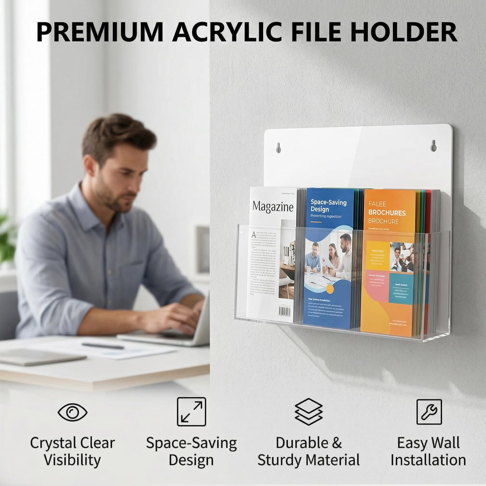 JUESHA Soporte de pared acrílico para archivos, paquete de 2 organizadores de papel para colgar, autoadhesivos, soporte de correo para carpetas de cartas, folletos de vinilo