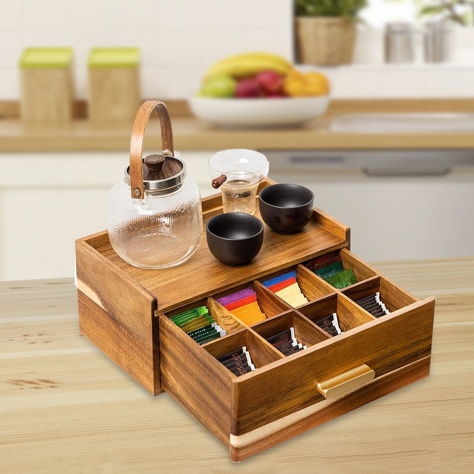 Organiseur de Sachets de Thé en Bois, Boîte de Rangement pour Sachets de Thé, Tiroir Boîte de Rangement, Boite de Rangement Cuisine, Support de Sachets de Thé, pour Sachets de Thé, Café, Infusion
