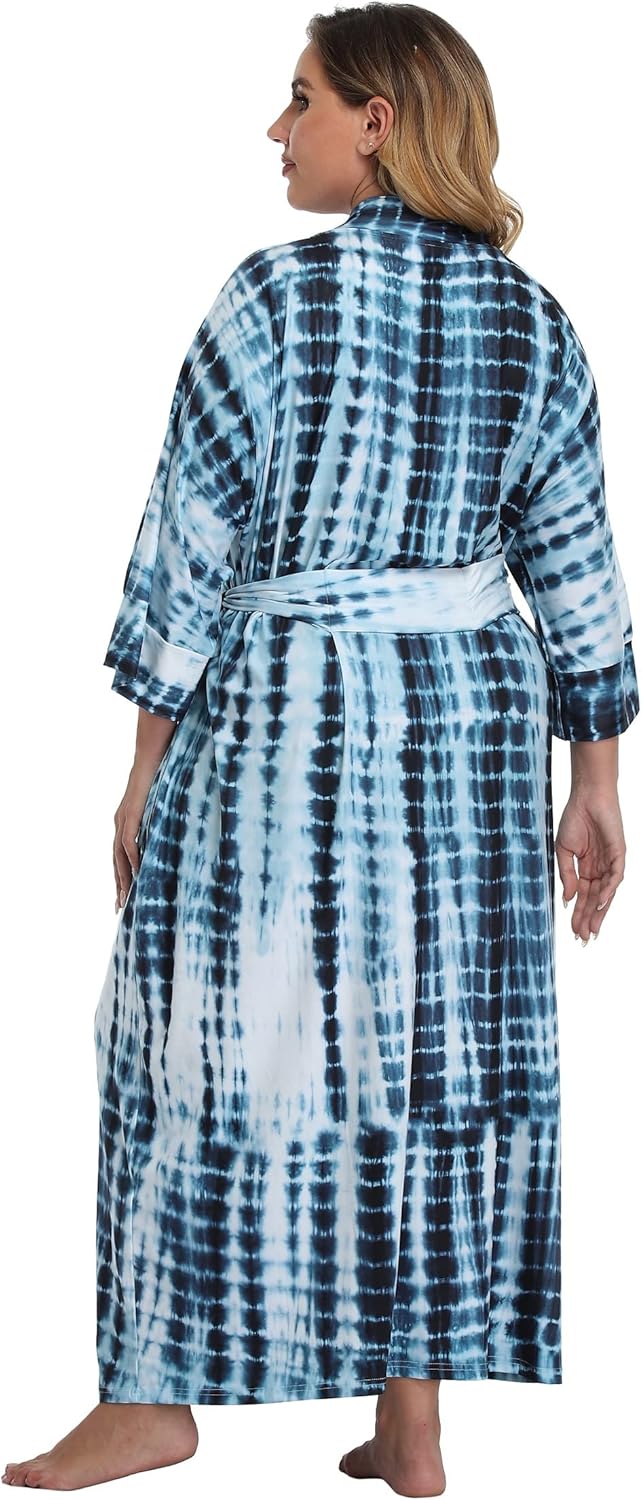 Women's Plus Size Cotton Kimono Robes Soft Long Knit Bathrobes Lightweight Sleepwear V-Neck Ladies Loungewear