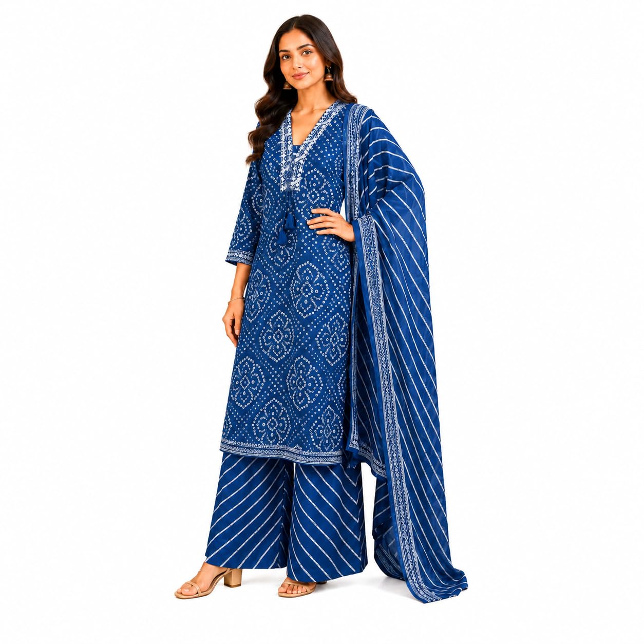 Women Kurta Pant Set with Dupatta Bandhani Print Straight Fit-image-16