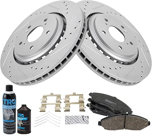 TRQ Pastilla de freno de cerámica delantera y kit de rotor de rendimiento con productos químicos compatibles con Acura MDX