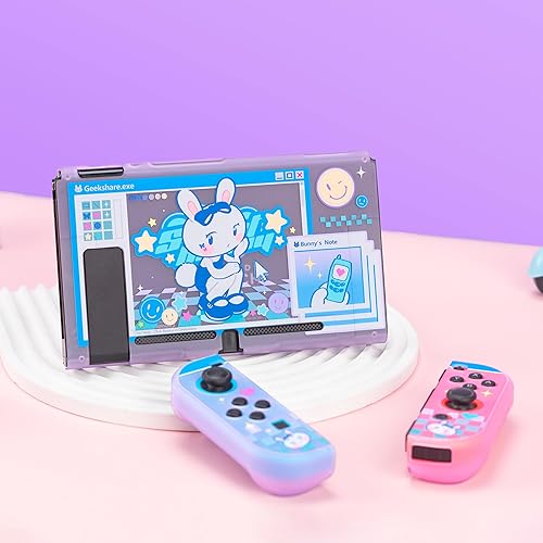 Vista 6 de GeekShare Funda protectora translúcida compatible con Nintendo Switch Kawaii, diseño de conejo, carcasa rígida y antiarañazos para Nintendo Switch