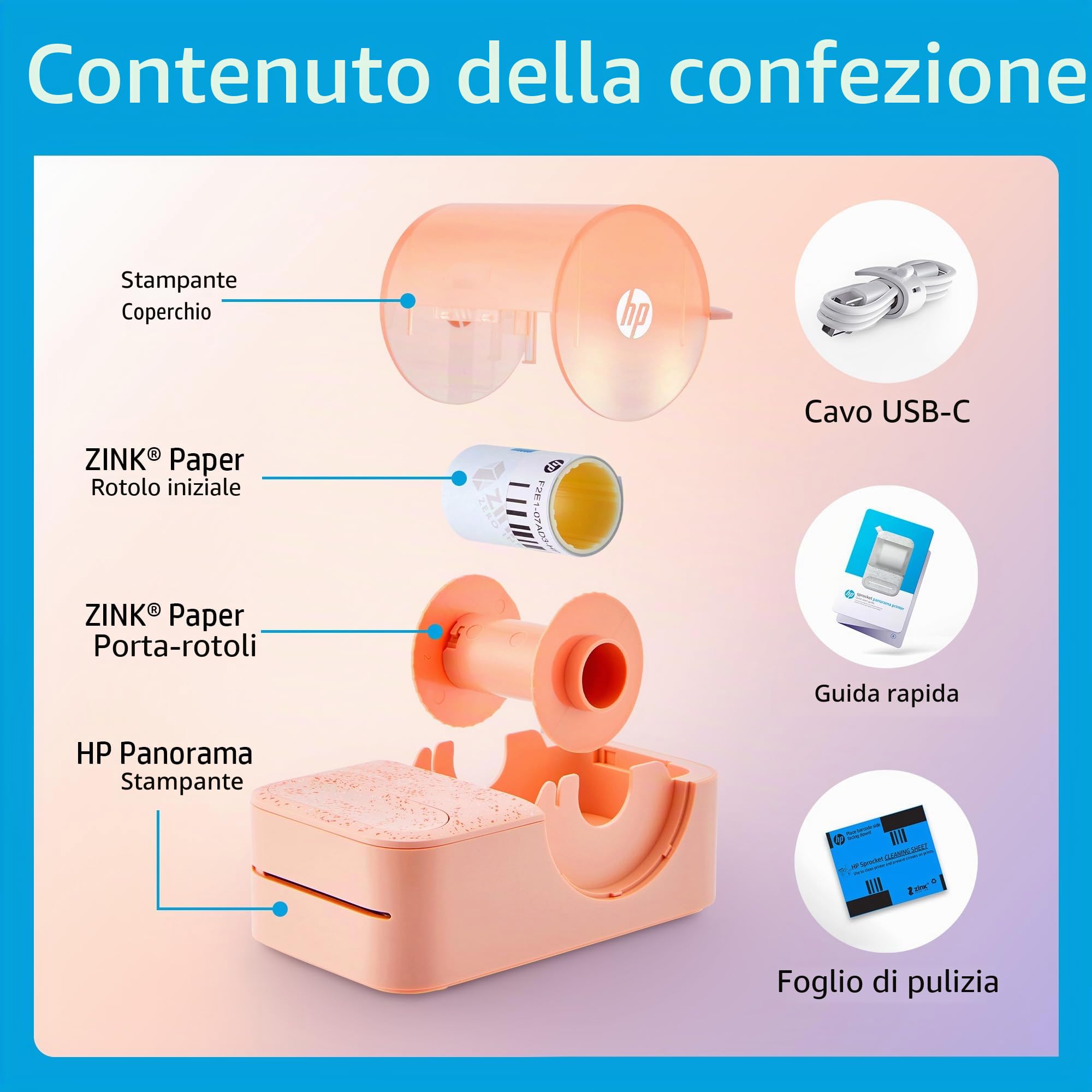 HP Sprocket Panorama, Stampante fotografica portatile per smartphone e etichette a colori istantanee; foto Zink adesive da 2x0,5-9 pollici (5x1,3-23 cm); crea personalizzati tramite app; Rosa.
