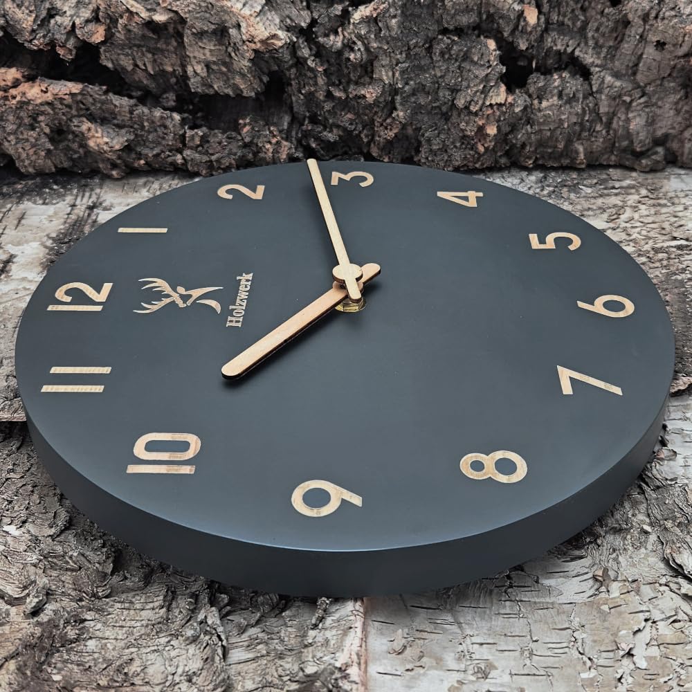 Holzwerk Natur Wanduhr Holz-Uhr Vintage lautloses Uhrwerk ohne Tickgeräusche Braun lautlos aus handgefertigtem Massivholz Natur Holz Grau Braun mit Hirsch Motiv