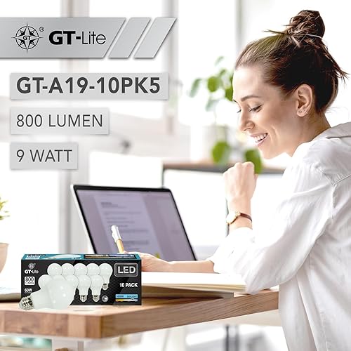 Miniatura 7 de GT-Lite Bombillas LED A19, 10 paquetes, equivalente a 60 W, luz diurna de 5000 K, bombillas LED de 9 W y 800 lúmenes, bombillas estándar de base E26