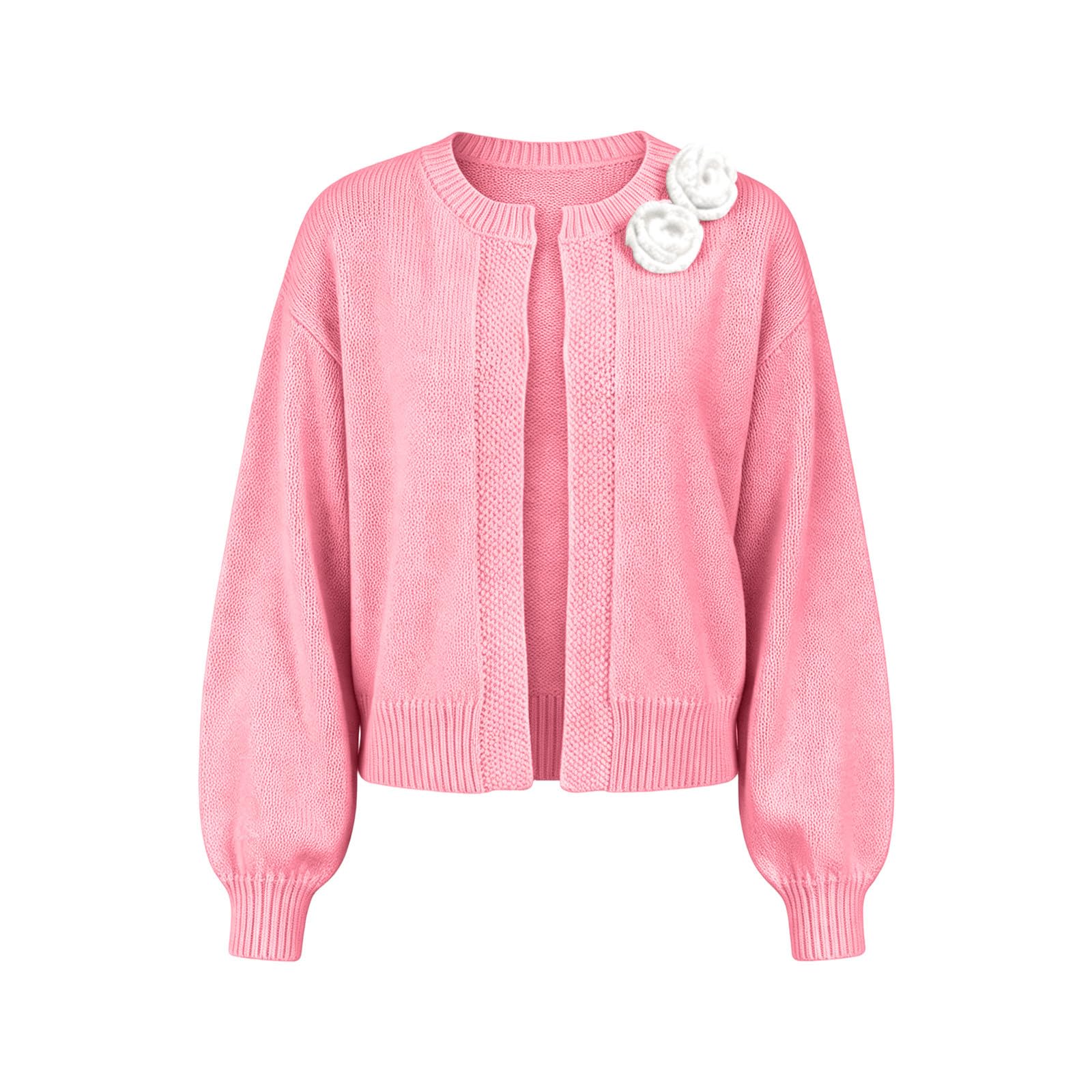 Generisch Strickjacke Damen Weiss Grobstrick Cardigan mit offener Vorderseite und floralen Verzierungen locker geschnittene Freizeitjacke
