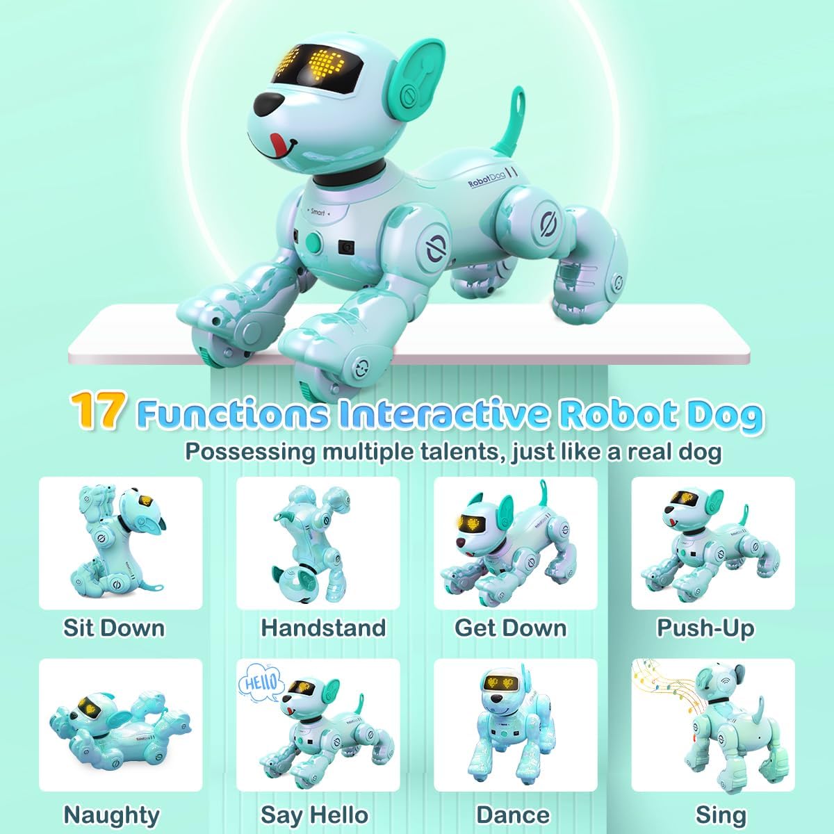 Robot dog performing various actions like sitting, handstand, push-up, and dancing
