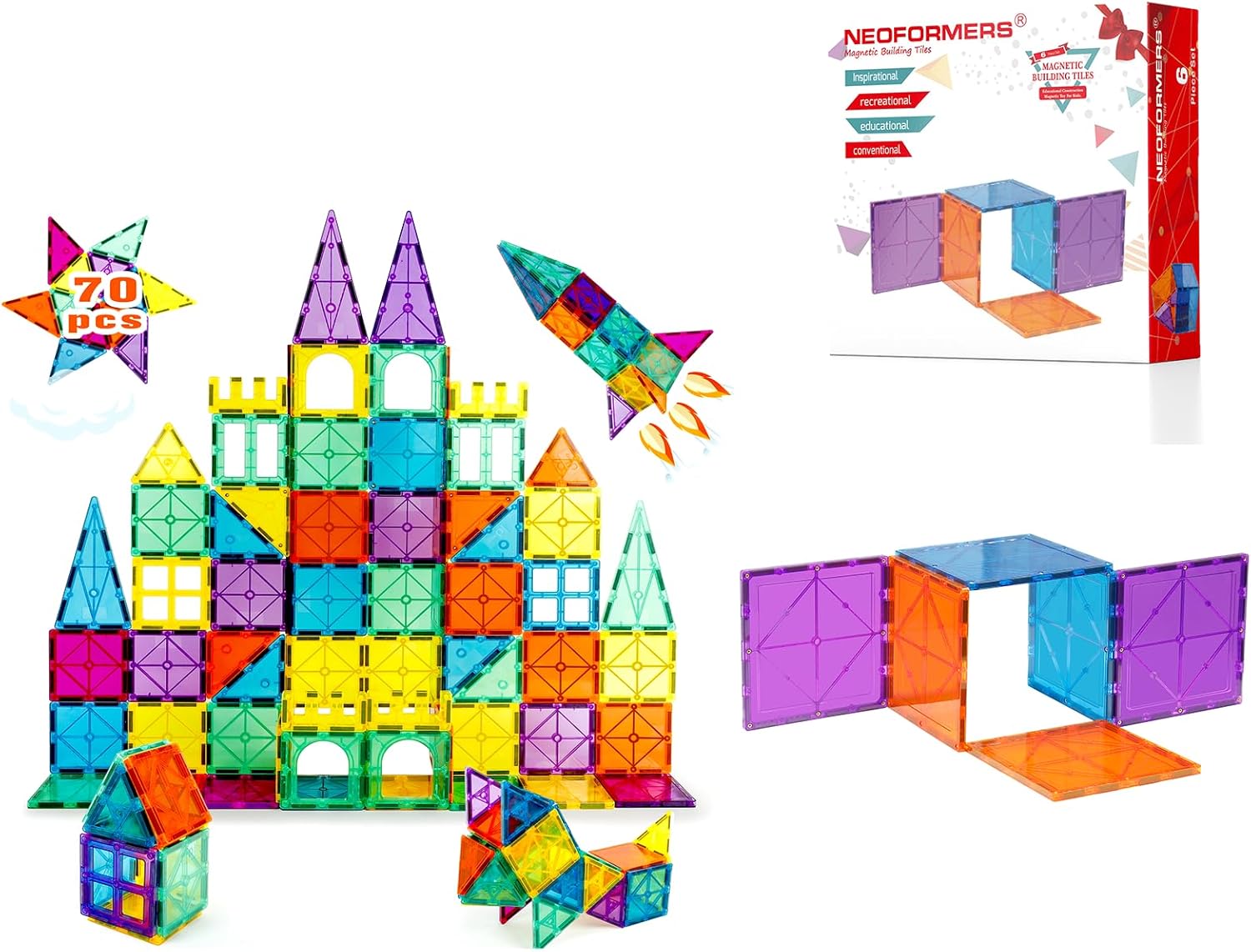 70 PCS Magnetic Tiles + 6 PCS Large Magnetic Tiles