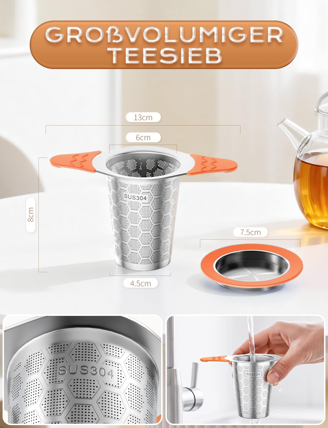 Yomanta Sitko do herbaty sypkiej ze stali nierdzewnej 304, sitko do herbaty z pokrywką i silikonowym uchwytem, filtr do herbaty 0,4 mm, drobne oczka, pomarańczowe