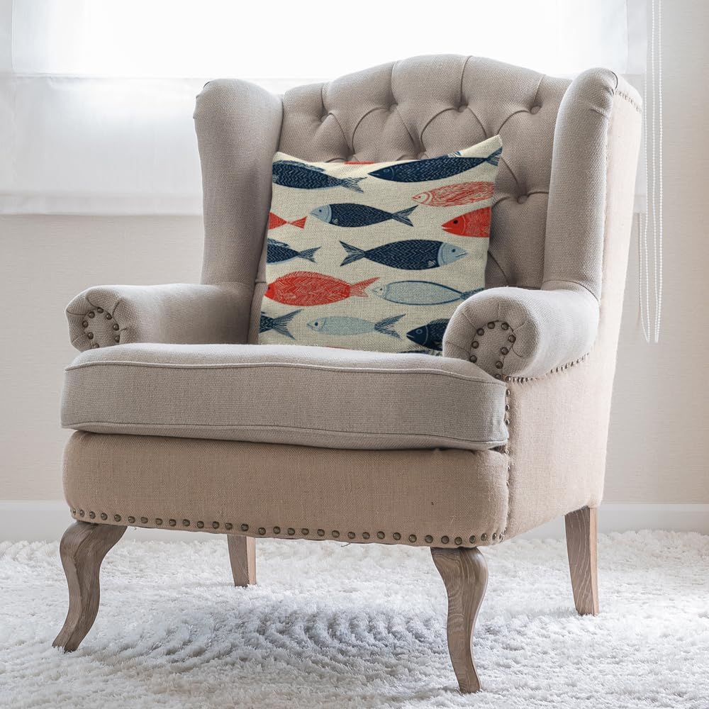 Moslion Fish Pillows Decorative Throw Pillow Cover Fish in The Ocean Pillow Case 18x18 Inch Cotton Linen Square Cushion Cover for Sofa Bed Blue Red - Image 4
