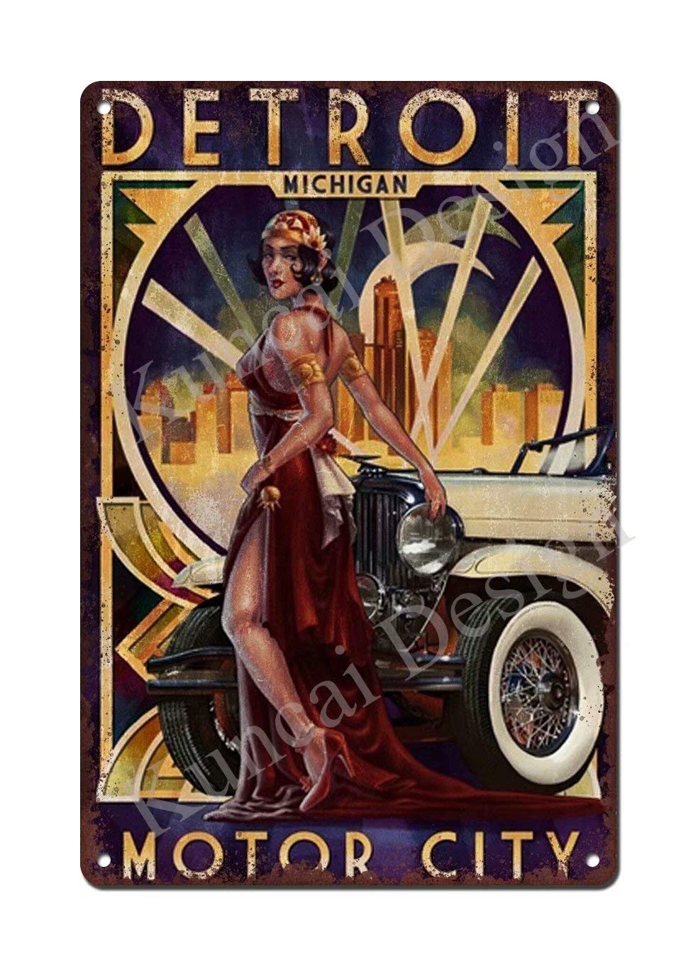 Detroit Car Motor City Advert Vintage Retro Style Metal Sign, Man shed, Garage 8x12 Inches Retro Vin