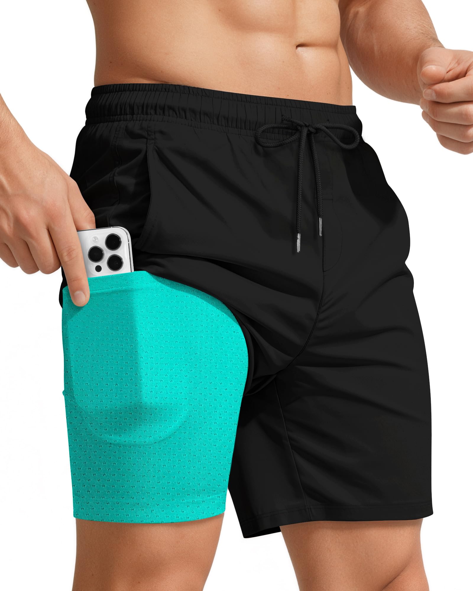 7 Inch 7in Men Swim Trunks mid-thigh Compression Liner Quick Dry Drawstring Male Swimwear Swimsuit Swimtrunks Boardshorts Bathing Suit Fair Beach Water Shorts Zipper Mesh Pocket Lined Inseam Harbor