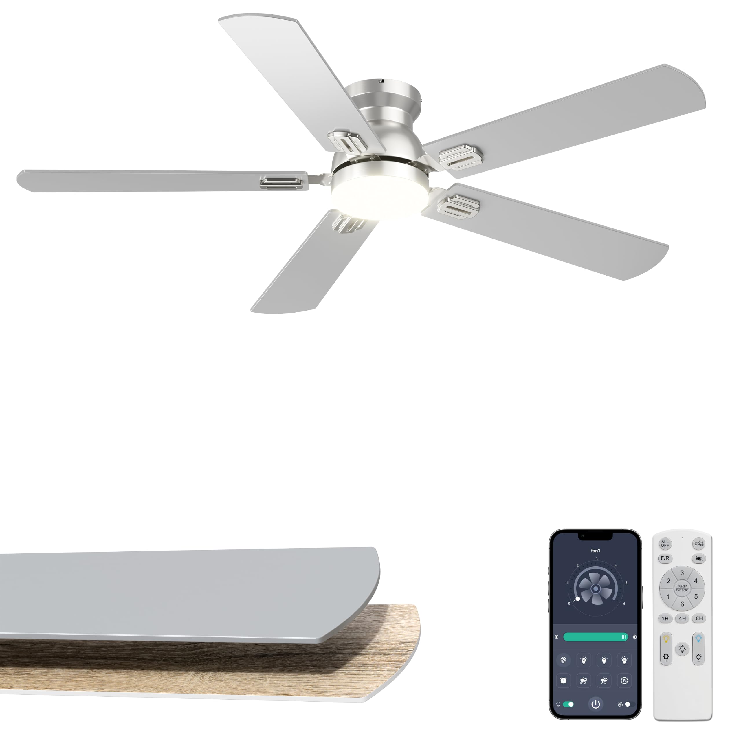 Photo 1 of Phylluz 52'' Silver Flush Mount Ceiling Fan with Lights for Bedroom