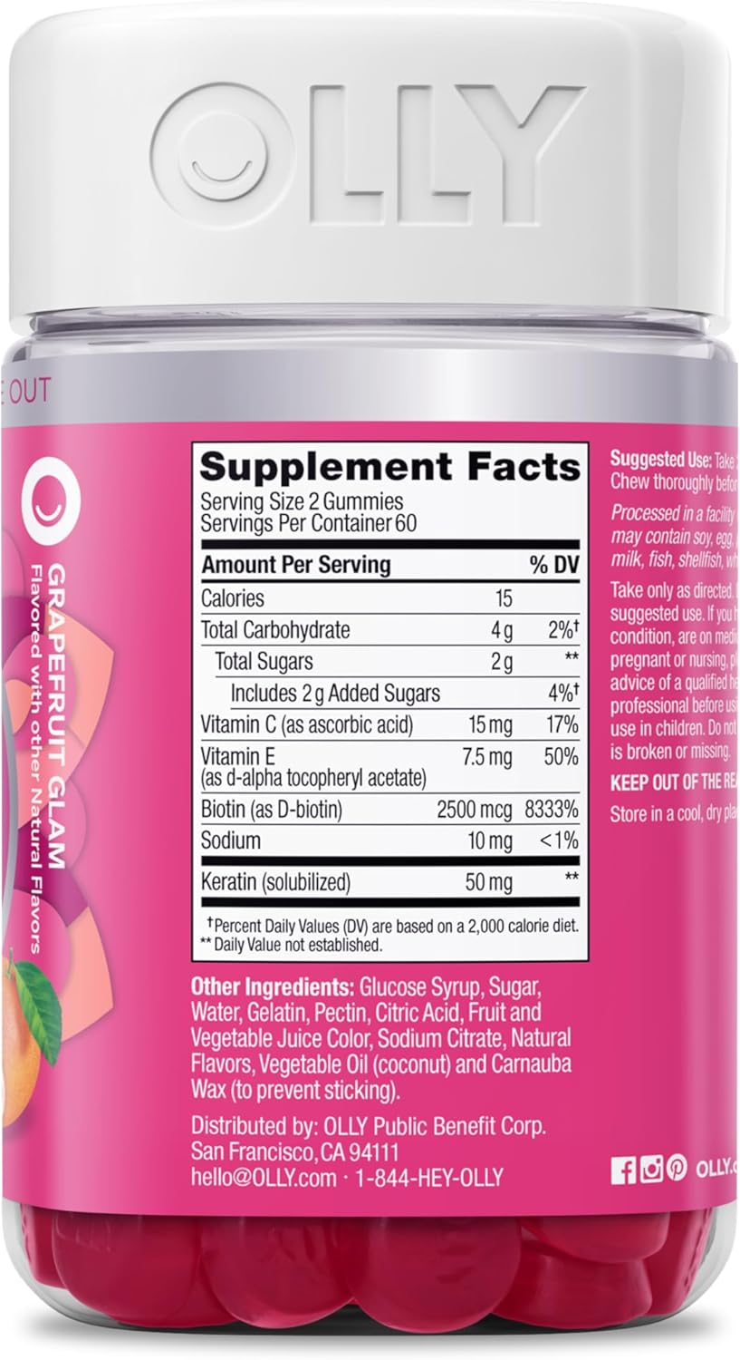 OLLY Undeniable Beauty Gummy, for Healthy Hair, Skin & Nails,* Biotin, Vitamins C & E, Keratin, Chewable Supplement, Grapefruit Flavored, 60 Day Supply - 120 Count - Image 4