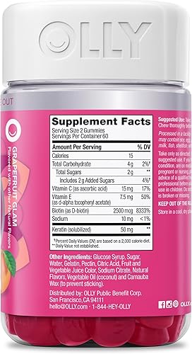Miniatura 4 de OLLY Undeniable Beauty Gummy, para cabello saludable, piel y uñas, biotina, vitaminas C y E, queratina, suplemento masticable, sabor pomelo,
