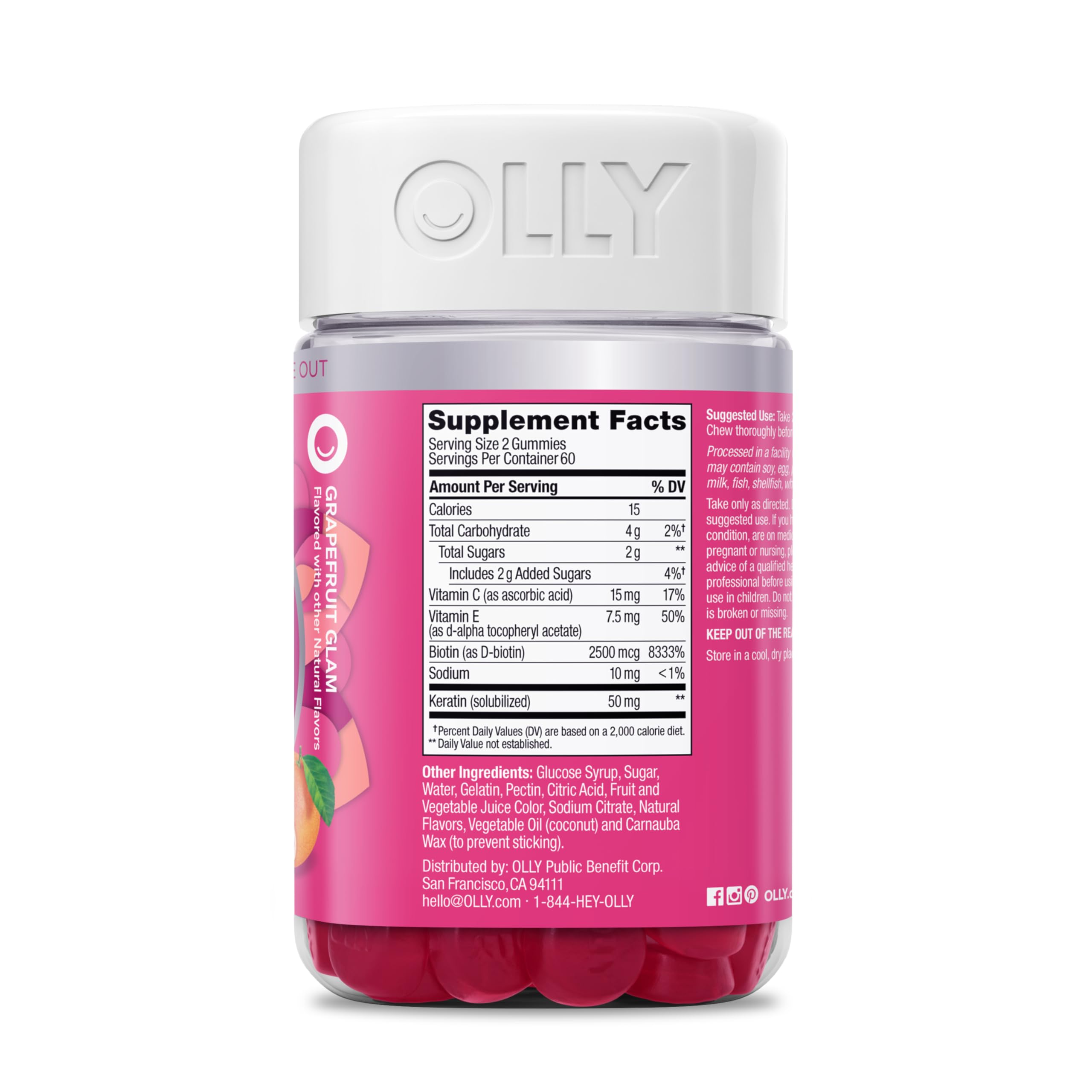 OLLY Undeniable Beauty Gummy, for Healthy Hair, Skin & Nails,* Biotin, Vitamins C & E, Keratin, Chewable Supplement, Grapefruit Flavored, 60 Day Supply - 120 Count