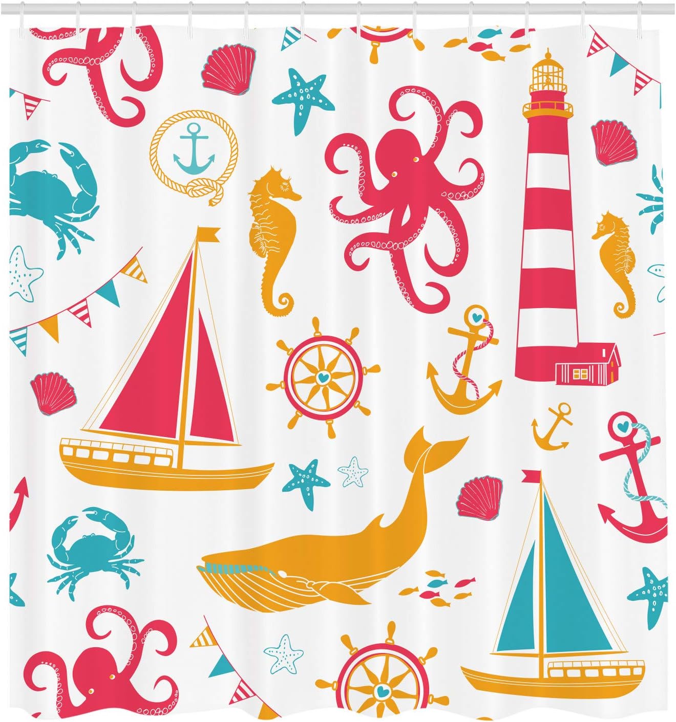 Ambesonne Nautical Shower Curtain, Pastel Colored Composition of Lighthouse Sailboat Fish Shells Octopus, Cloth Fabric Bathroom Decor Set with Hooks, 69" W x 70" L, Pink Orange