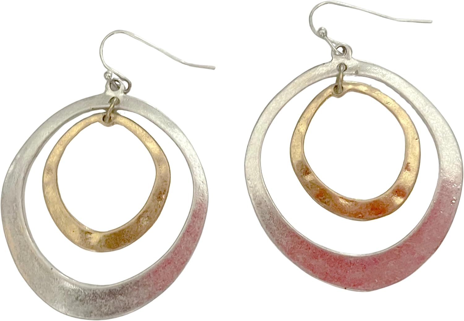 Handmade Halo Dangle Hoop Earrings for Women – Artisan Made in USA on Cape Cod by Award-Winning Artist Judith Stiles Lightweight Mixed Metal Drop Earrings Gently Hammered Silvertone & Sunlight Brass Two Tone Boho Coastal Beach Jewelry