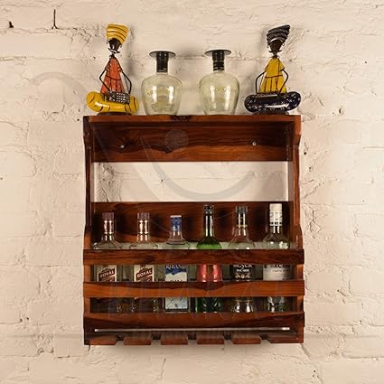 WoodMarwar Sheesham Wood Bar Cabinet for Living Room | Solid Wood Wall Mounted Wine Rack Bottle and Glass Holder | Mini Bar for Home | Honey Finish