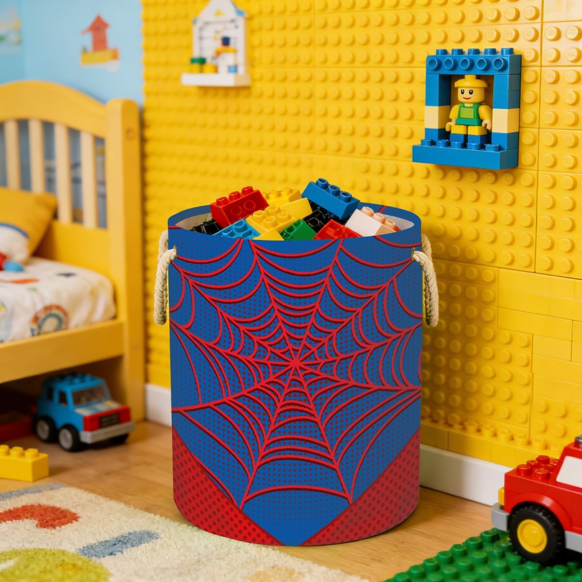 Blue Spider Web Laundry Hamper - 58L Collapsible Waterproof Large Tall Nursery Storage Baskets Bin for Kids Toys, Clothes, Bathroom, Boys Bedroom Comic Hero Decor, Gift Basket
