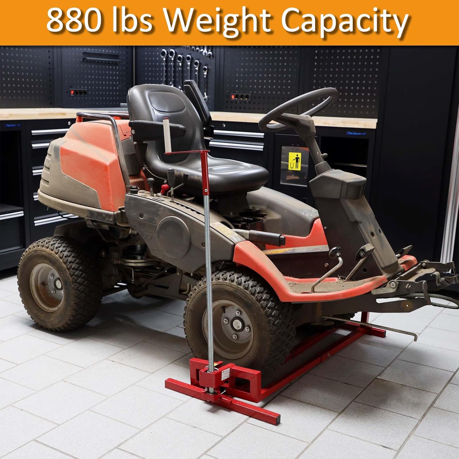 Easy Lawn Mower Lift, 880 Lbs Capacity Lawn Tractor Lifter, 45° Tilt Adjustable Universal Lifting Platform for Garden Tractors, Ride on Lawn Mower Jack Lift for Maintenance and Cleaning, Red