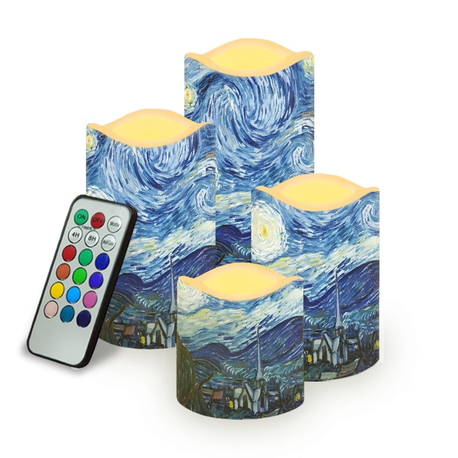 Van Gogh Gwiaździste bezpłomieniowe świece z timerem lampka nocna poręczne świece akumulatorowe migoczące LED trwałe bezpłomieniowe świece oświetlenie otoczenia 4 opakowania