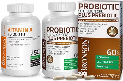 Probiótico 50 mil millones de CFU + prebiótico con polifenoles de manzana y extracto de fruta de piña + vitamina A 10.000 UI fórmula premium sin OMG