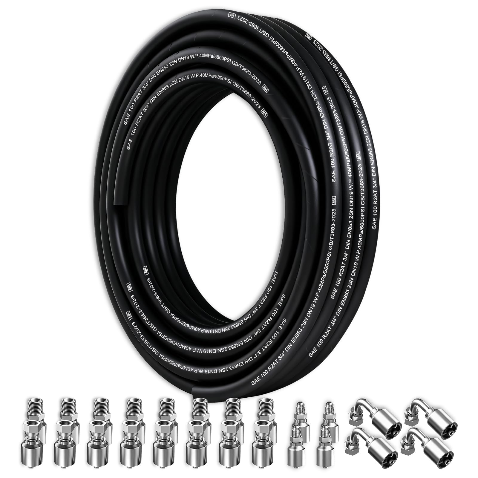 50Ft 3/4 inch Hydraulic Hose with 36Pcs Hydraulic Fittings, 3110Psi Coiled Hydraulic Line With 2 High-Tensile Steel Wire Braid,Rubber Flexible Oil
