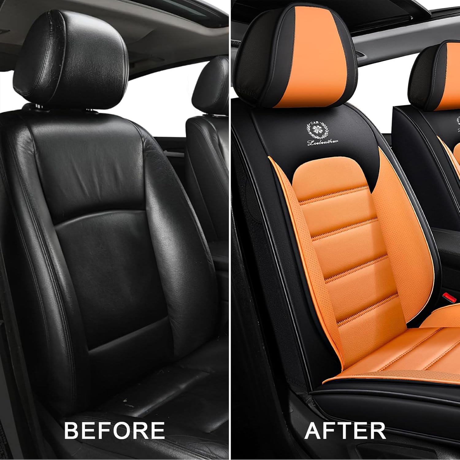 Seat Covers for Cadillac CT6 2016-2020 Nappa Leather Car Seat Cover Compatible Airbag Seat Protector Waterproof Auto Seat Covers(Black&Orange,Front Set)