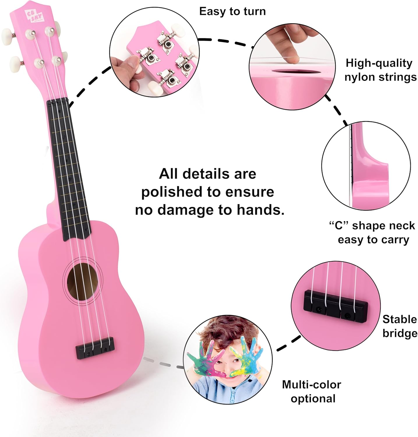 Soprano Ukulele 21"/53cm beginners, students kids guitar (Pink)