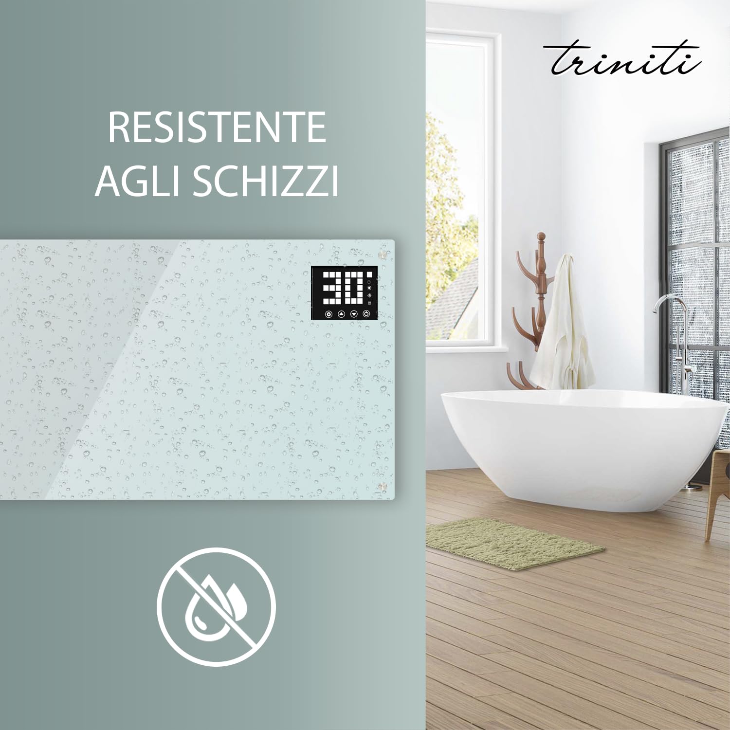 TRINITI Stufa Elettrica Basso Consumo Termostato, Potenza Regolabile, Elegante VETRO TEMPERATO, Display LED, imer, Silenzioso, Sistema Protezione Sicurezza Multiplo, Ruote + Montaggio a Parete, WHITE
