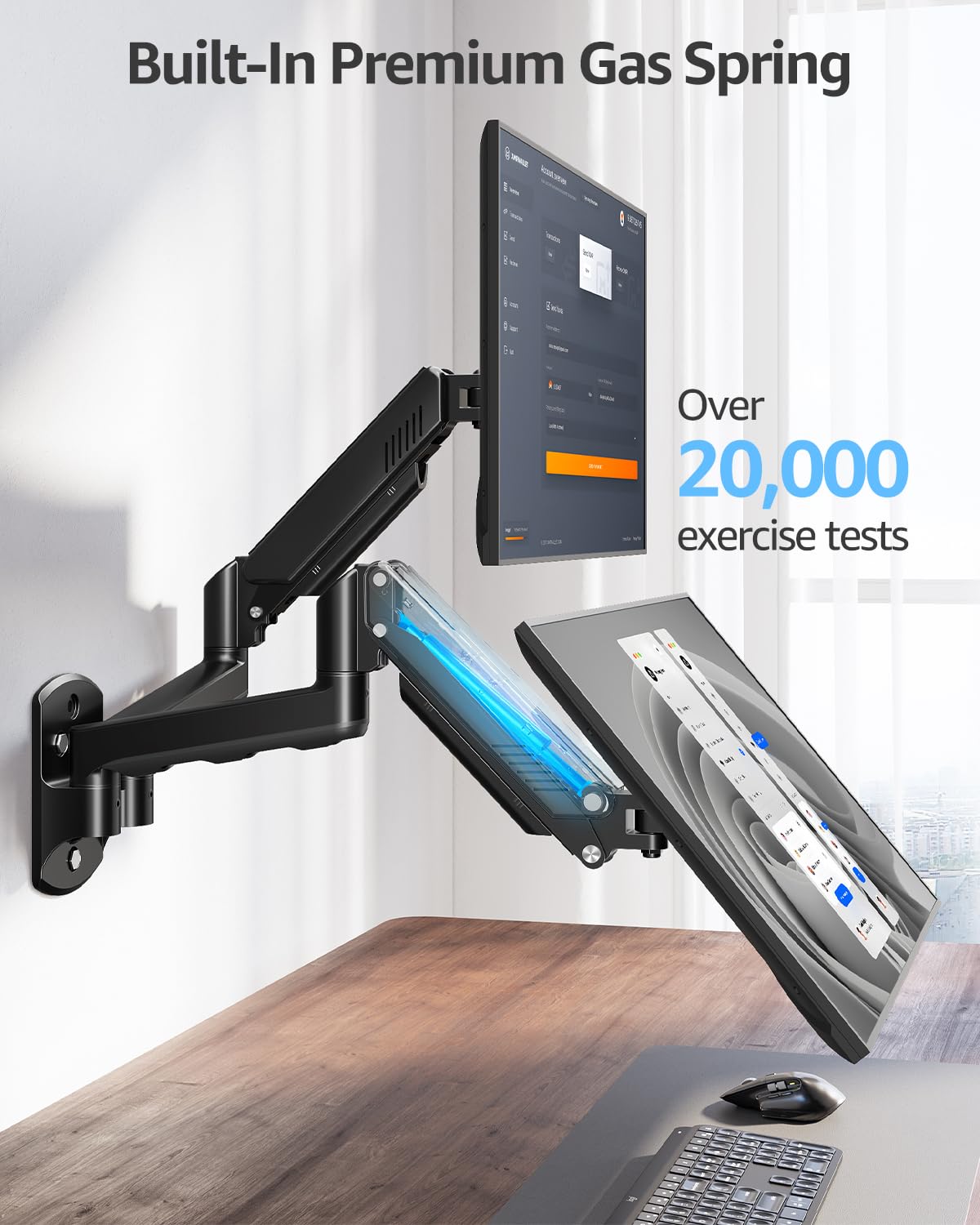 ELIVED Supporto da parete per monitor fino a 9 kg, VESA 75/100 mm, molla a gas PC, monitor Hatlerung a parete, girevole a 360°, doppio supporto per monitor EV6022