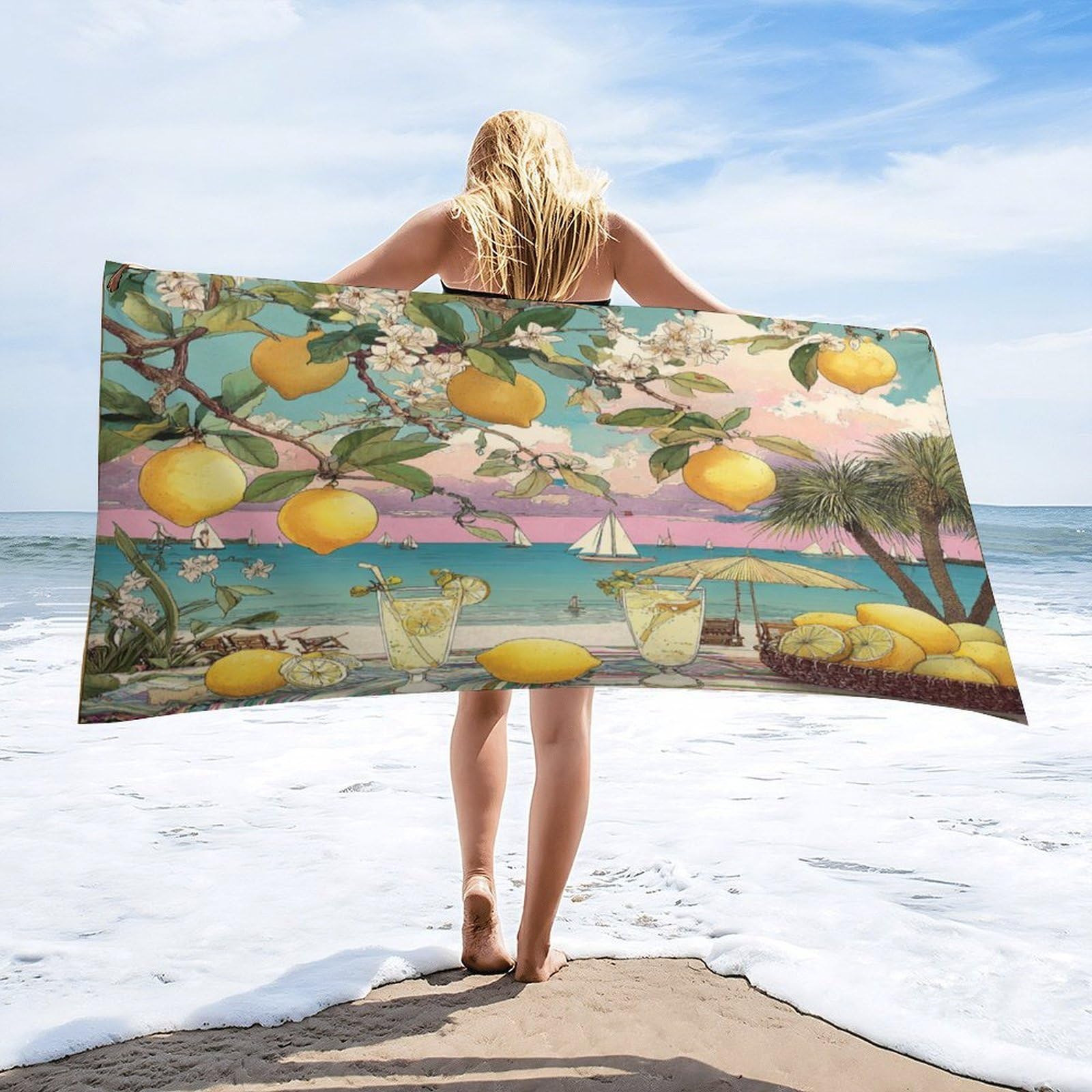 Luyysky Classic Aesthetic Fruit Lemon Quick-Drying Beach Towel, Rustic Beautiful Summer Tropical Plant Flowers Beach Boat Travel Vacation Single Sided Pile Bathroom Towels-80 W Cm X 160" L Cm
