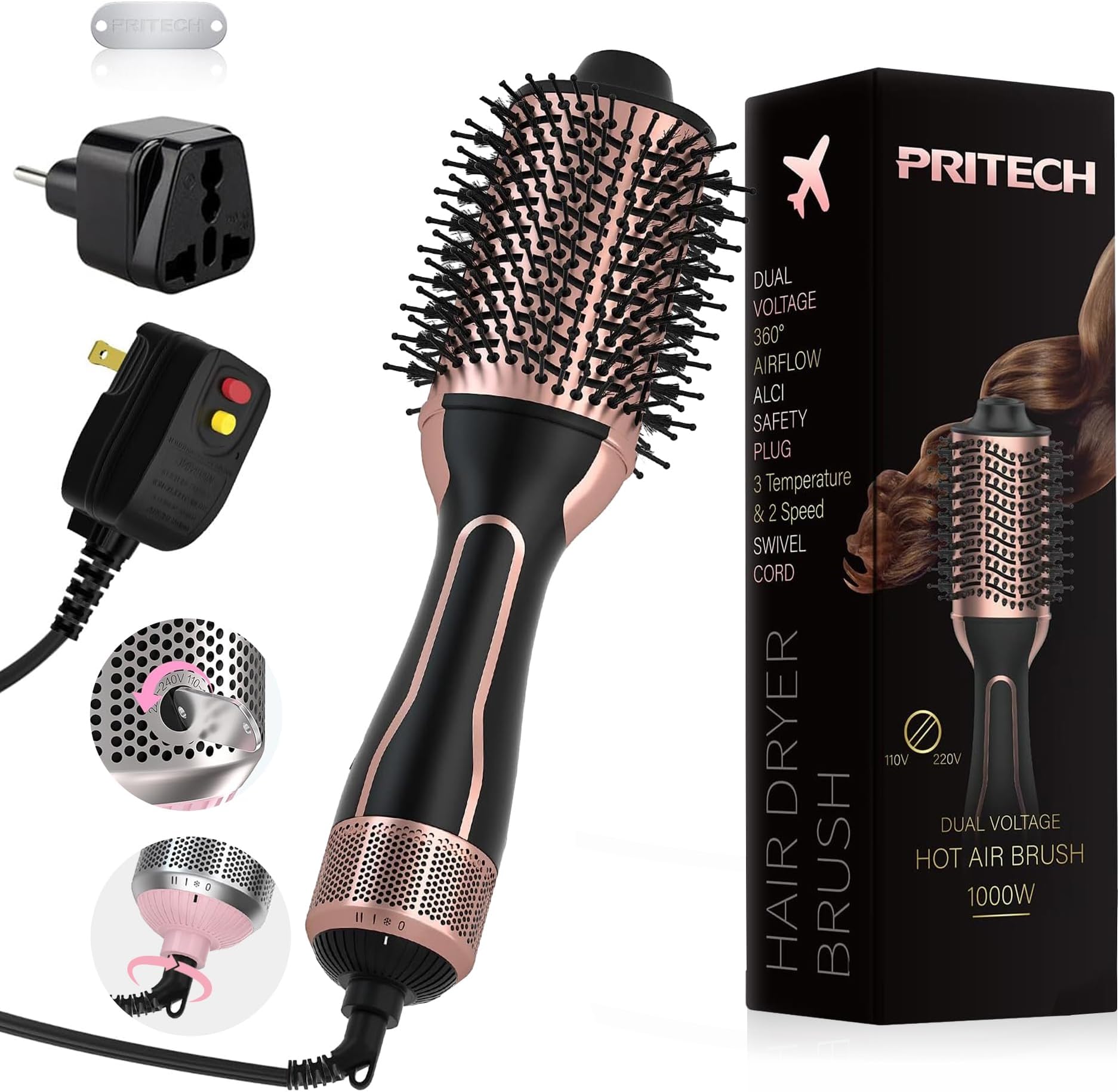 PRITECH 1000W Dual Voltage Ceramic Ionic Hair Dryer Brush,4-in-1 Hot Air Styler & One Step Volumizer for Straight & Curly Hair Salon (110-120V/220-240V),Black Gold